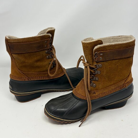 Sorel women's Winter Fancy Lace II duck boots rubber suede brown tan 9 buckle - Picture 9 of 13